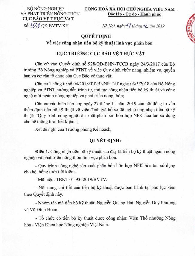 Quyết định công nhận TBKT "Quy trình sản xuất phân bón hỗn hợp NPK hòa tan sử dụng cho hệ thống tưới tiết kiệm" số 3638 do Cục BVTV ban hành