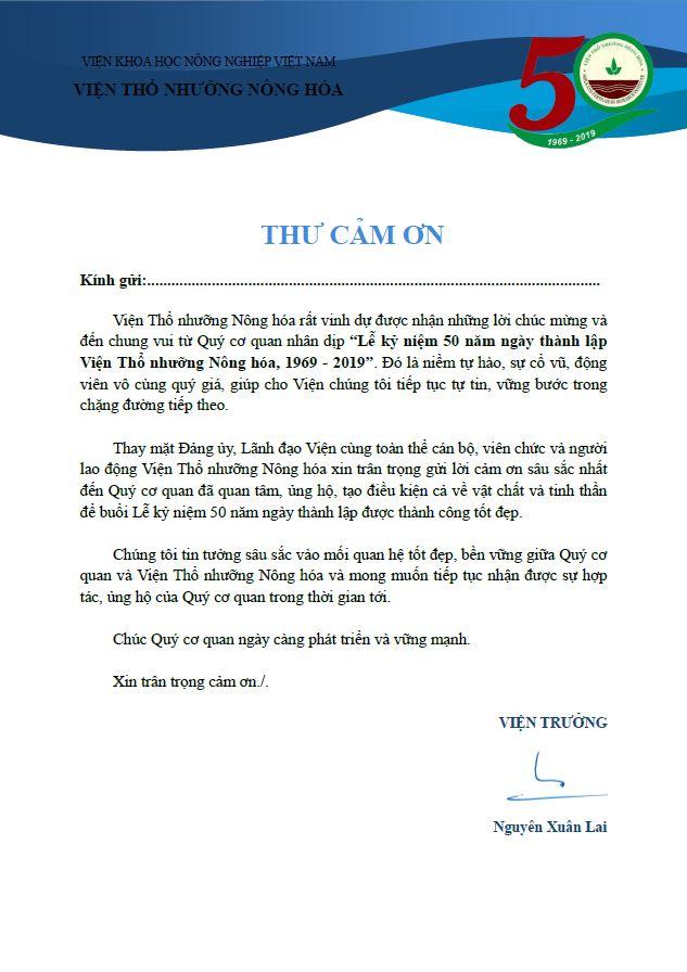 Thư cảm ơn của Viện trưởng Viện Thổ nhưỡng Nông hóa
